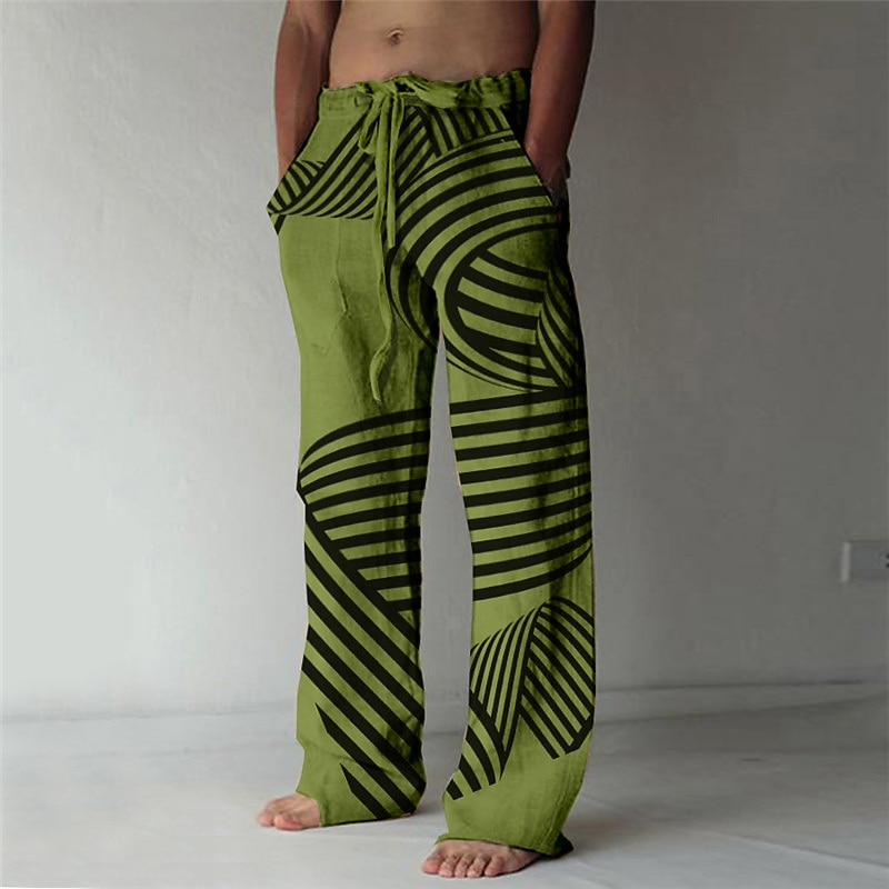 Men's Trousers Summer Pants Beach Pants Drawstring Elastic Waist 3D Print Geometric Pattern Graphic Prints Comfort Casual Daily Holiday Streetwear Hawaiian White Green3