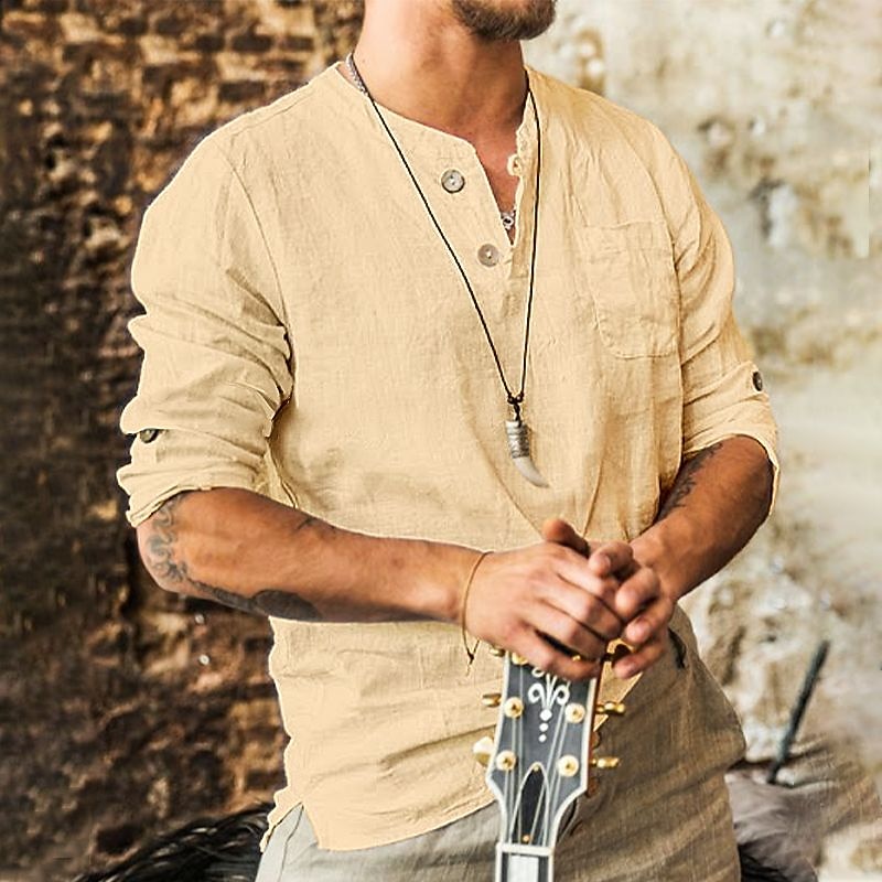 Men's Shirt Linen Shirt Band Collar Shirt Summer Shirt Beach Wear Plain Casual Daily White Blue Khaki Long Sleeve Collar Spring & Summer Clothing Apparel3