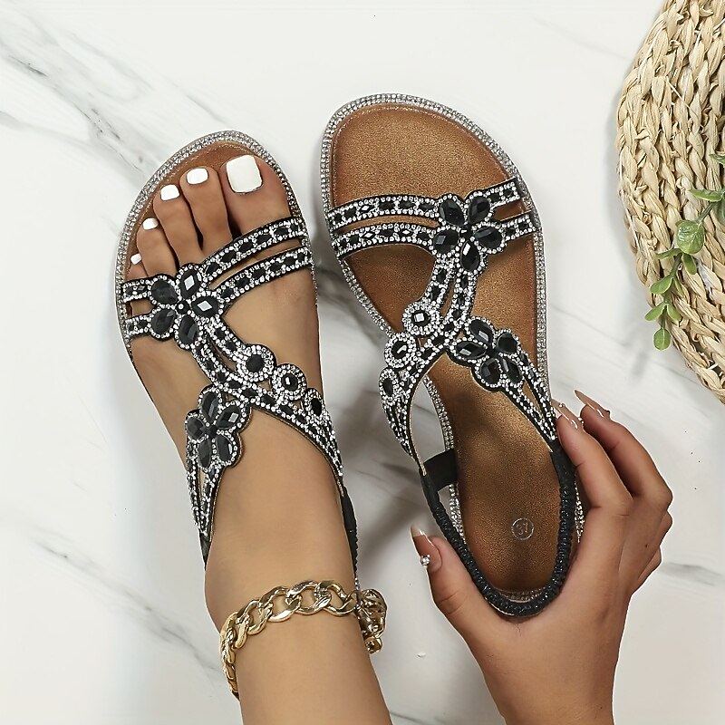 Women's Sandals Boho Bohemia Beach Flat Sandals Plus Size Outdoor Beach Summer Rhinestone Flat Heel Elegant Casual Silver Gold Black Sandals