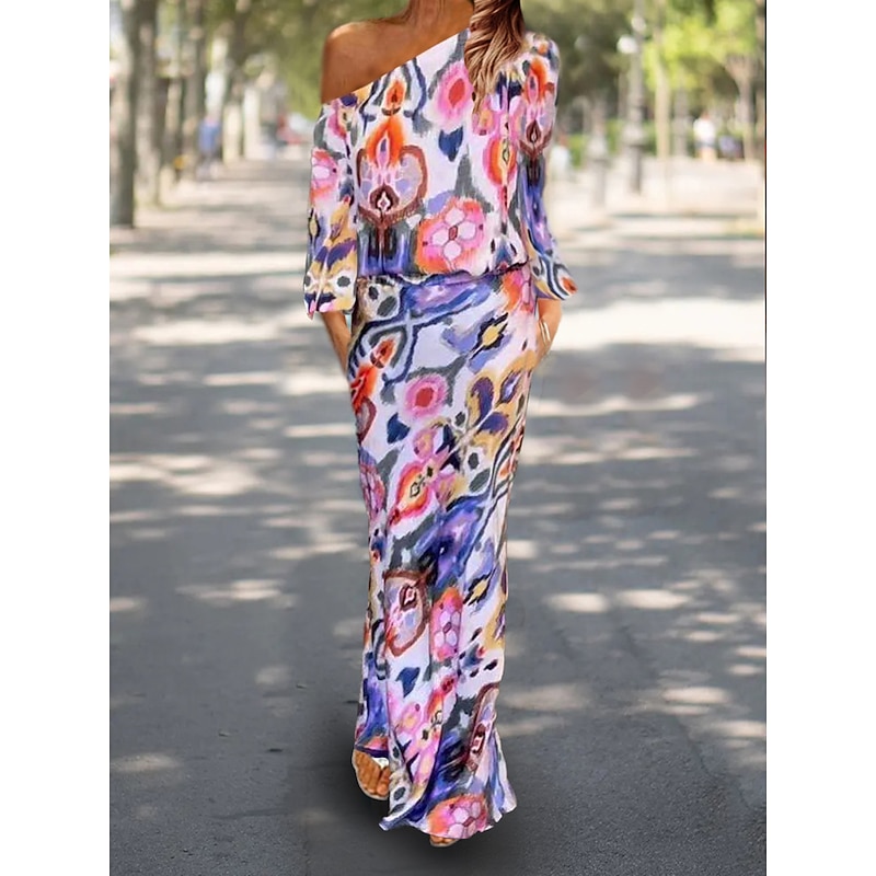 Women's Dress Set Casual Dress Sheath Dress Print Dress Fashion Streetwear Graphic Abstract Print Maxi Dress Long Sleeve One Shoulder Outdoor Vacation Red Royal Blue Sky Blue Summer Spring Loose Fit2