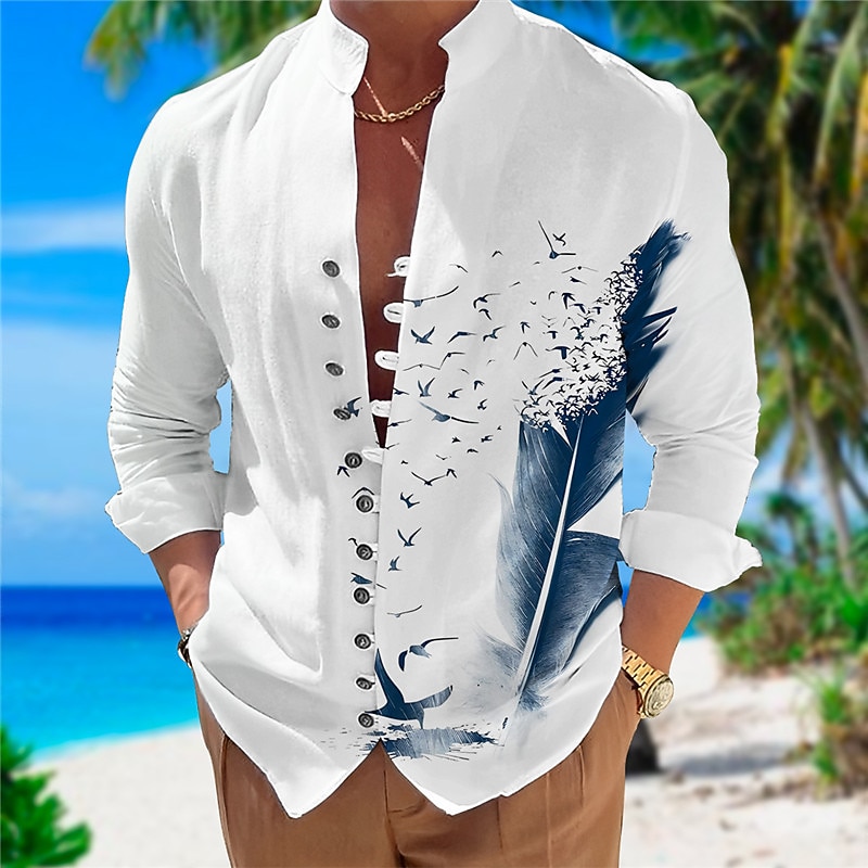 Men's Bird Feather Shirt Button Up Shirt Long Sleeve Fashion Designer Casual Outdoor Vacation Daily Fall Autumn / Fall Spring & Summer Stand Collar Print Black Red Blue Purple Green3
