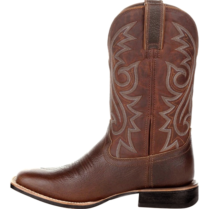 Men's Brown Embroidered Faux Leather Western Cowboy Boots - Classic Durable Square Toe Rodeo Style for Ranch and Outdoor Wear4