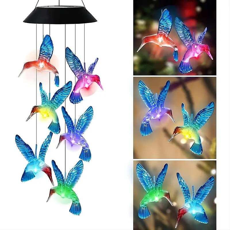 Solar Wind Chimes - Color Changing LED Hummingbird Lights for Garden & Patio Decoration