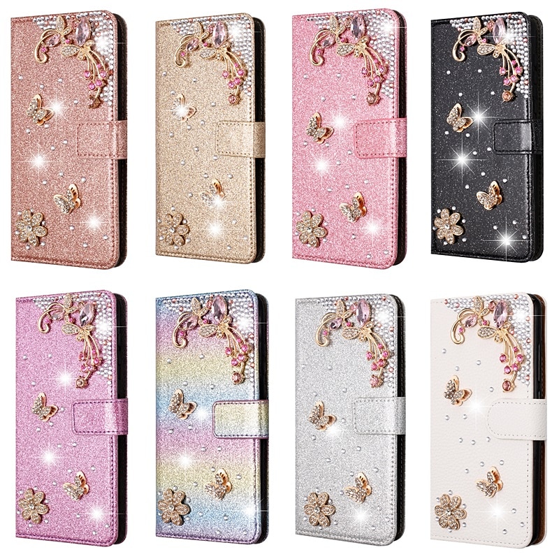 Phone Case For iPhone 17 Pro Max 17 Air 16 15 14 Pro Max Plus 16e 13 12 11 Pro Max Mini Wallet Case Flip Cover with Stand Holder Full Body Protective Bling Glitter Shiny TPU Rhinestone PU Leather2