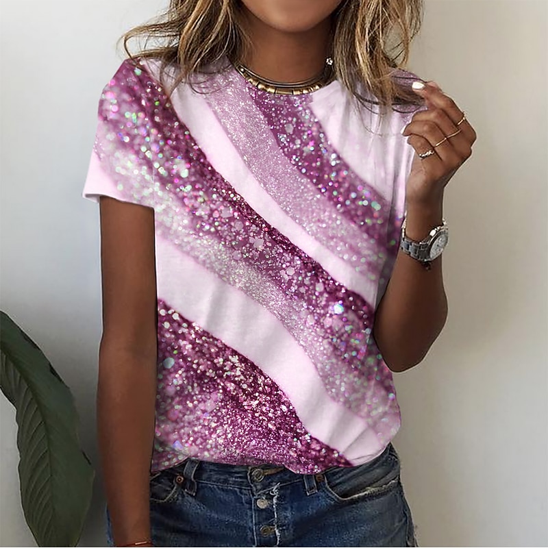 Women's T Shirt Basic Print Short Sleeve Regular Tops Round Neck Daily Weekend Yellow Pink Blue Green Gray4