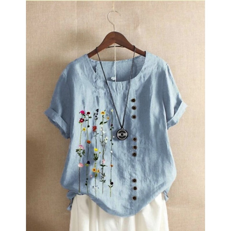 Women's 100% Cotton Shirt Blouse Floral Daily Vintage Casual Linen Like Short Sleeve Crew Neck White Summer Spring2
