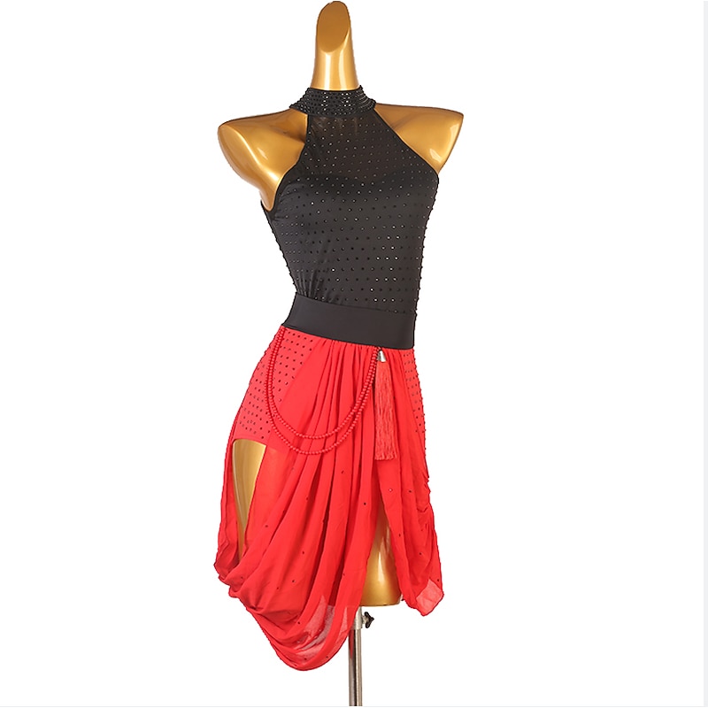 Dance Salsa Latin Dance Dress Split Joint Crystals / Rhinestones Women's Performance Sleeveless Mesh Spandex4