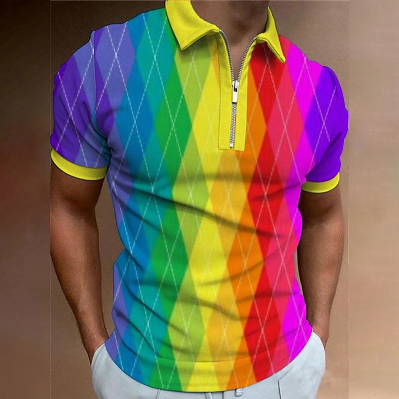 Men's Rainbow Hawaiian Polo Shirts Golf Shirt Short Sleeve Polo Shirts Collared Shirts Casual Beach Wear Vacation Wear Tropical Wear Party Outfits 3D Print Quarter Zip Polo Pink Blue Rainbow3