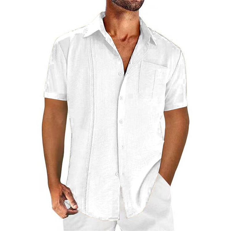 Men's Shirt Linen Shirt Cotton Linen Shirt Guayabera Shirt Summer Shirt Beach Shirt Plain Vacation Casual Black White Navy Blue Blue Short Sleeve Lapel Summer Clothing Apparel Front Pocket2
