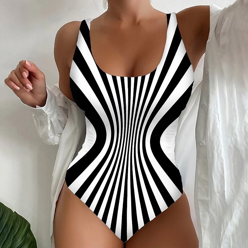 Women's Swimwear One Piece Swimsuit Printing Stylish Striped Sleeveless Bathing Suits3