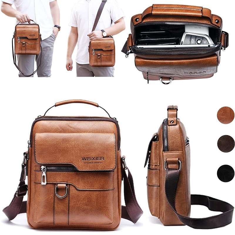Men's Faux Leather Crossbody Messenger Bag – Vintage Style Shoulder Bag with Multiple Pockets for Work, Travel, or Casual Use2