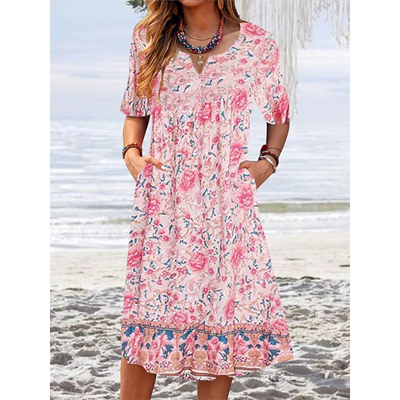 Women's Pink Dress Floral Graphic Print V Neck Midi Dress Classic Daily Vacation Short Sleeve Summer Spring2