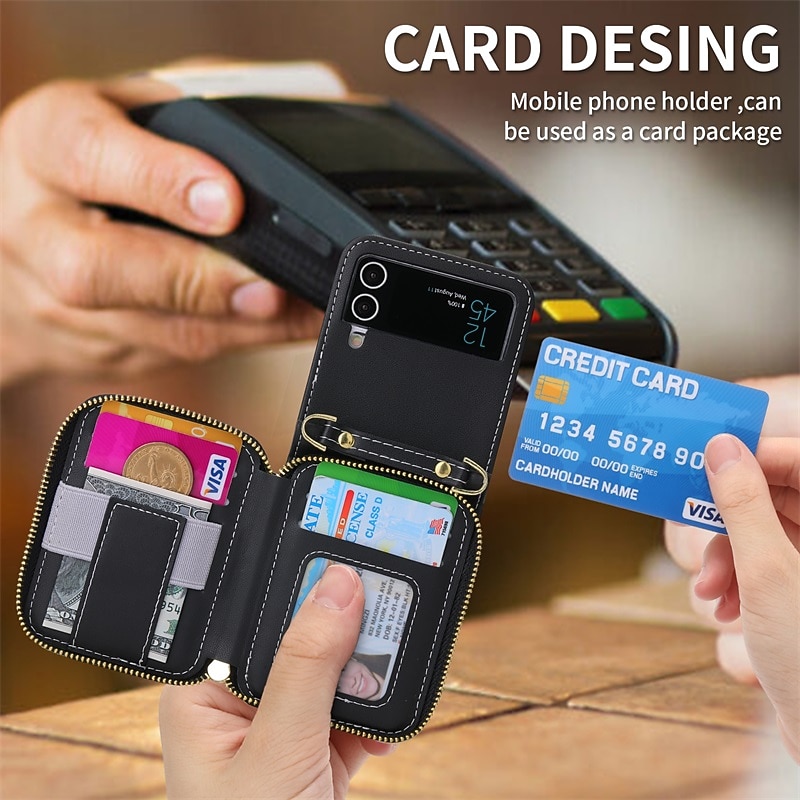 Phone Case For Samsung Galaxy Z Flip 6 Z Flip 5 Z Flip 4 Z Flip 3 Wallet Case Portable Zipper Card Slot Solid Colored PC PU Leather3