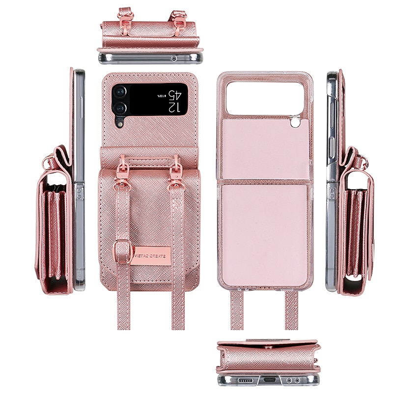 Phone Case For Samsung Galaxy Z Flip 6 Z Flip 5 Z Flip 4 Z Flip 3 Handbag Purse Wallet Case Flip with Removable Cross Body Strap With Card Holder Solid Colored PC PU Leather2