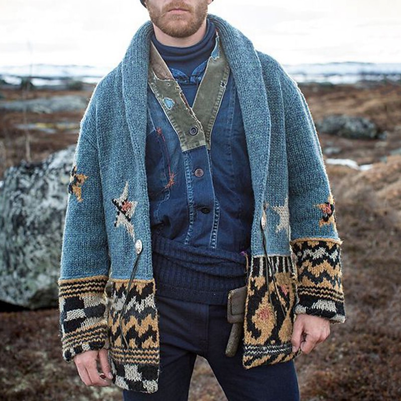 Male Sweater Cardigan Sweater Sweater Jacket Chunky Knit Regular Jacquard Turndown Daily Wear Clothing Apparel Fall & Winter Blue M L XL2