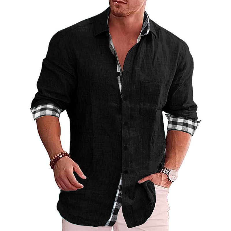 Men's Shirt Linen Shirt Button Up Shirt Summer Shirt Beach Shirt Black White Pink Long Sleeve Color Block Lapel Spring &  Fall Casual Daily Clothing Apparel4