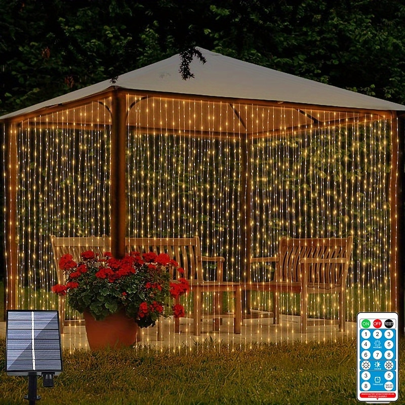 3*3M 300 LEDs Solar Curtain Light Outdoor Remote Control Light 8 Lighting Modes Fairy Lights IP65 Waterproof Leather Thread Lights Christmas Party Wedding Home Bedroom Garden Wall Decor2