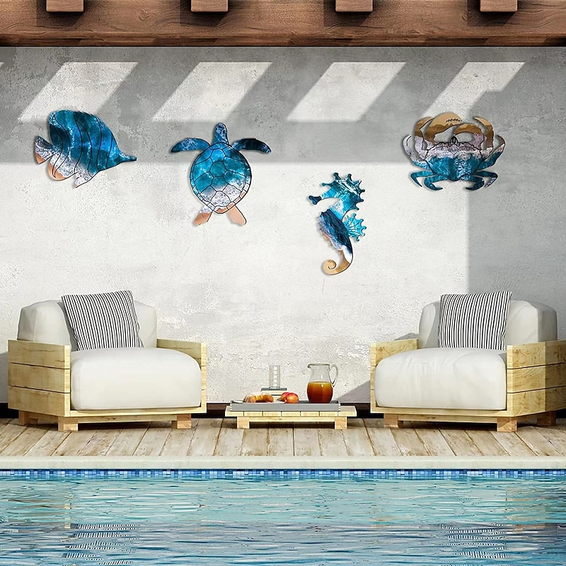 Set of 4 Seahorse Wall Decor Sea Turtle Fish Crab Starfish Sea Urchin Shell Conch Wall Art Decorations Outdoor Beach Theme Decor Ocean Fence Art Wood Outdoor Wall Art for Living Room Bathroom2