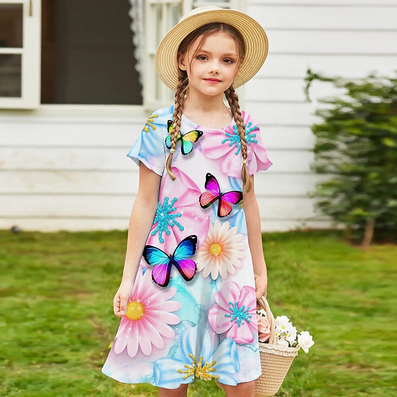 Easter Girls' 3D Floral Animal Butterfly Dress Short Sleeve 3D Print Summer Spring Vacation Daily Holiday Cute Casual Sweet Kids 3-12 Years A Line Dress Above Knee Regular Fit3