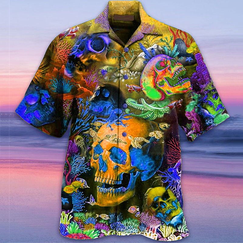 Men's Skull Hippie Shirt Summer Hawaiian Shirt Button Up Shirt Short Sleeve Tropical Fashion Hawaiian Casual Hawaiian Holiday Summer Spring Turndown Print Button-Down Yellow Red Navy Blue Green2