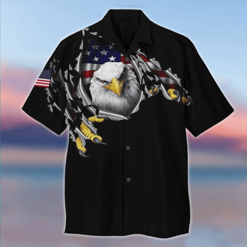 American Independence Day Men's Eagle American Flag Shirt Summer Hawaiian Shirt Button Up Shirt Short Sleeve Hawaiian Designer Casual Outdoor Casual Daily Spring & Summer Turndown Button-Down Black3