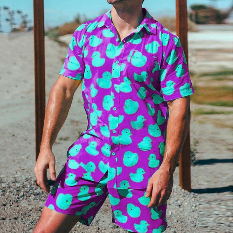 Men's Tropical Duck 2pcs Shirts Sets Summer Hawaiian Shirt Short Sleeve Short Pants Turndown Tropical Fashion Hawaiian Street Casual Hawaiian Print Summer Spring Red Blue Purple3