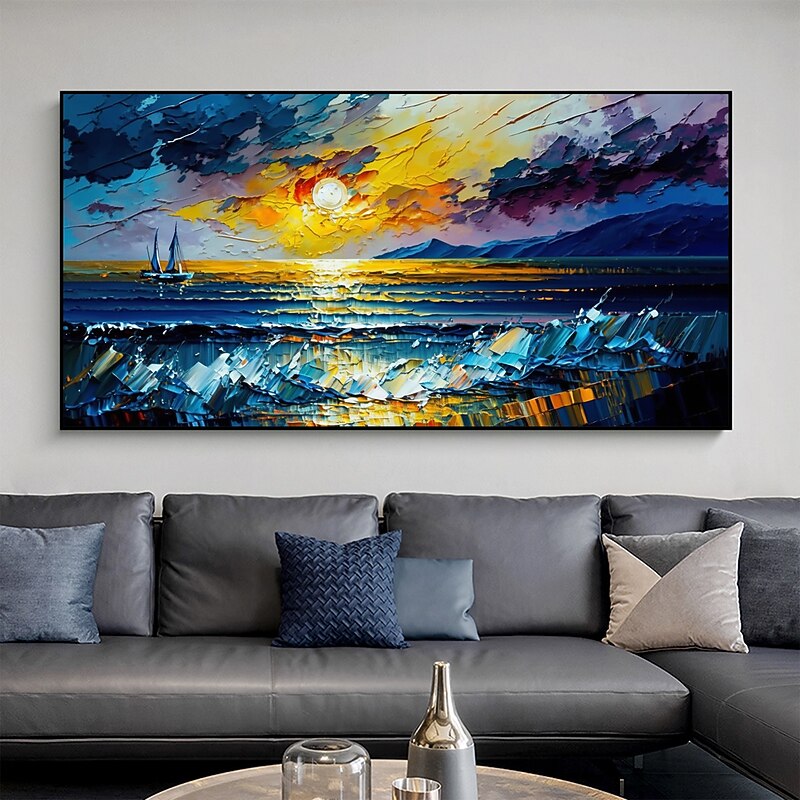 Handmade Oil Painting Canvas Wall Art Decor Original Sunset Abstract Sea View Painting for Home Decor With Stretched Frame/Without Inner Frame Painting 9