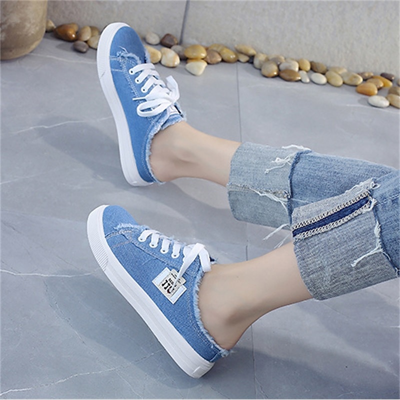 Women's White Backless Canvas Sneakers with Raw Edge Design, Slip-On Lace-Up Mules for Summer Streetwear, School, and Casual Outings 9