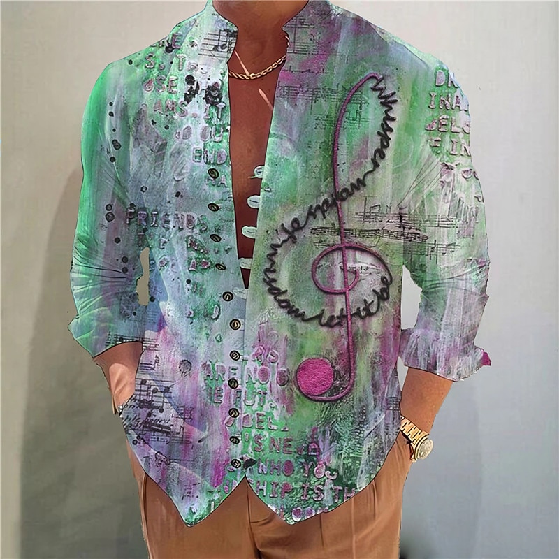 Men's Boardmasters Vintage Notes Shirt Button Up Shirt Long Sleeve Fashion Streetwear Designer Outdoor Casual Daily Summer Spring Fall Stand Collar Print Blue Purple Green Gray3