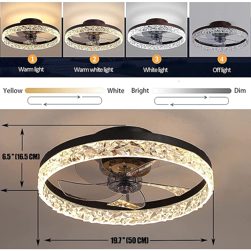 Ceiling Fan with Lights 19.5" Dimmable LED 3 Color 6 Speeds Timing Reversible Blades with Remote Control, Household Fan Chandelier, indoor Low Profile Flush Mount Ceiling Fan2