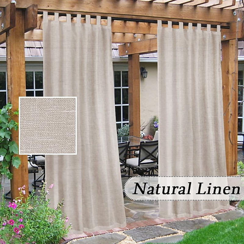 Outdoor Linen Sheer Curtains for Patio Waterproof Indoor/Outdoor Divider Privacy Added Light Filtering Porch Decor with Detachable Self-Stick Tab Top for Gazebo/Cabana, Natural, 2 Panels2