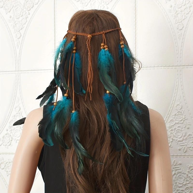 Boho Style Feather Hair Band Peacock Feather Head Band Indian Hand-woven Feather Headwear Hair Accessories2