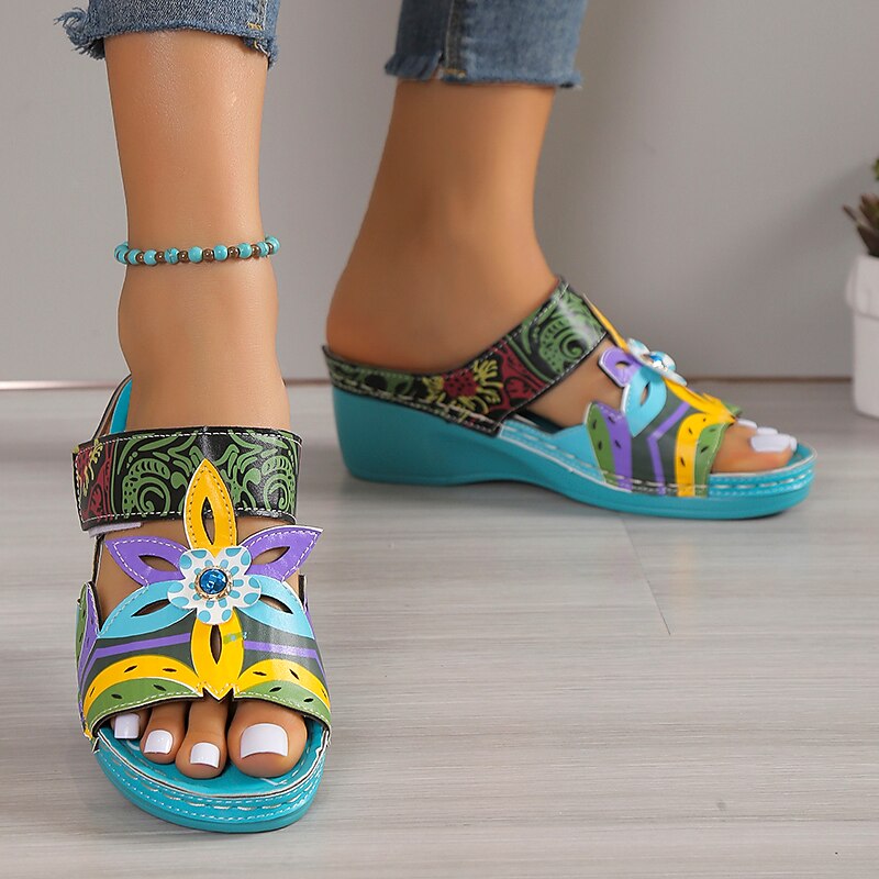 Women's Colorful Bohemian Floral Sandals – Hand-Painted Open-Toe Wedge with Comfortable Sole for Summer and Casual Wear3