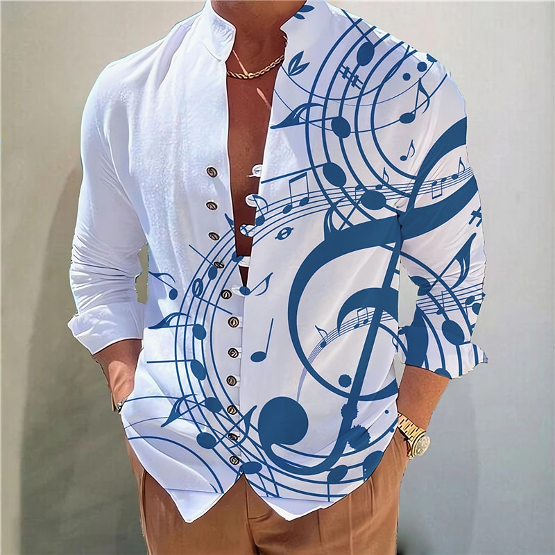 Men's Music Notes Shirt Button Up Shirt Long Sleeve Fashion Designer Casual Vacation Daily Going out Fall Autumn / Fall Spring & Summer Stand Collar Print Black Yellow Blue Purple Green4