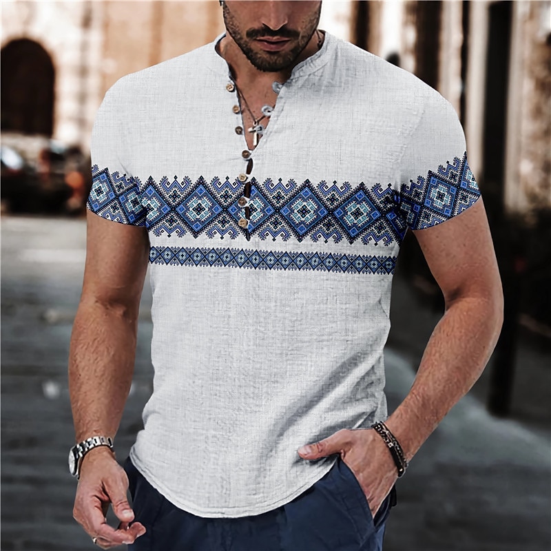 Men's Geometry Ethnic Shirt Linen Shirt Button Up Shirt Short Sleeve Fashion Streetwear Designer Outdoor Casual Daily Spring & Summer Stand Collar Print Yellow Blue Green Gray2