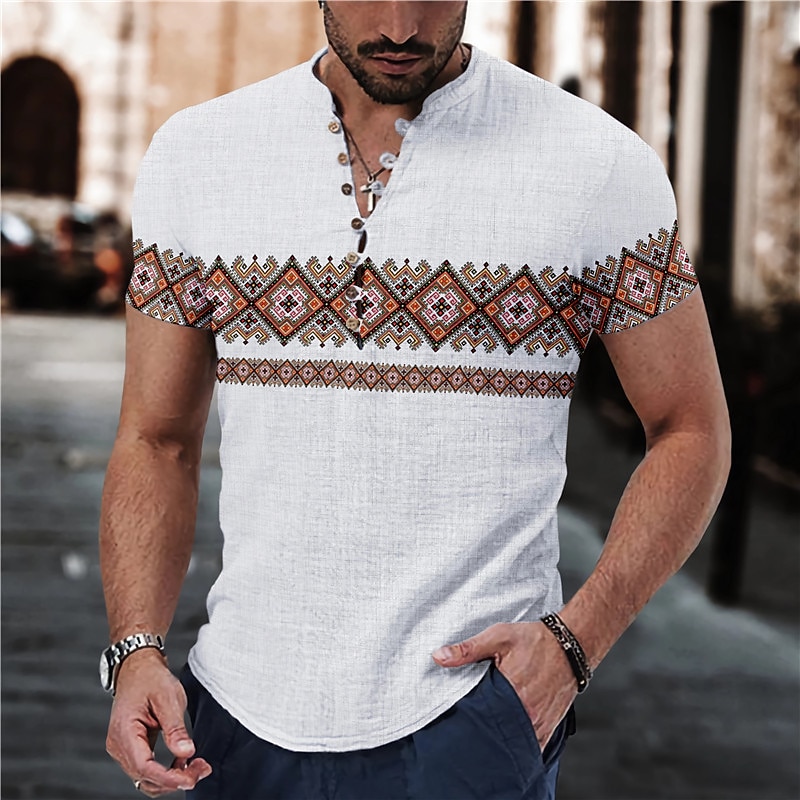 Men's Geometry Ethnic Shirt Linen Shirt Button Up Shirt Short Sleeve Fashion Streetwear Designer Outdoor Casual Daily Spring & Summer Stand Collar Print Yellow Blue Green Gray