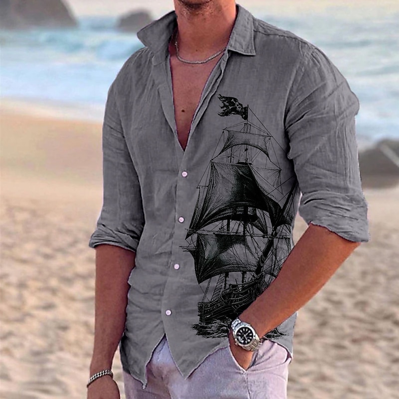 Men's Nautical Sailboat Shirt Button Up Shirt Long Sleeve Vintage Fashion Streetwear Outdoor Casual Daily Summer Spring Fall Turndown Print Black White Light Green Pink Blue