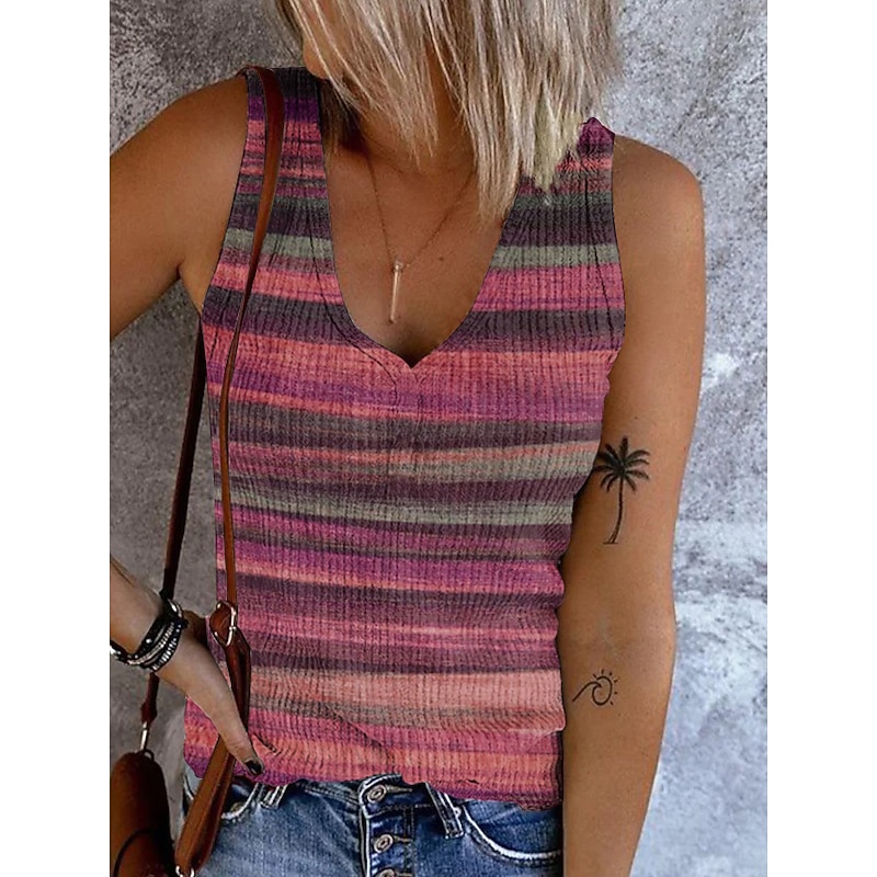 Women's Camisole Tank Top Going Out Tops Basic Striped Buttons Print Sleeveless Regular Tops V Neck Casual Pink Blue Purple Khaki3