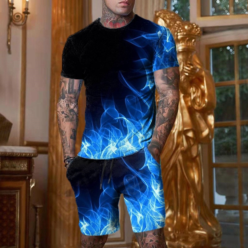 Men's Graphic Color Block Flame 2pcs Tees sets Matching Sets Short Sleeve Short Pants Crew Neck Designer Casual Comfortable Outdoor Vacation Daily 3D Print Spring & Summer Red Blue Purple