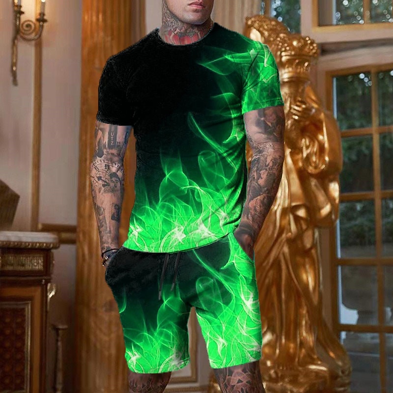 Men's Graphic Color Block Flame 2pcs Tees sets Matching Sets Short Sleeve Short Pants Crew Neck Designer Casual Comfortable Outdoor Vacation Daily 3D Print Spring & Summer Red Blue Purple2