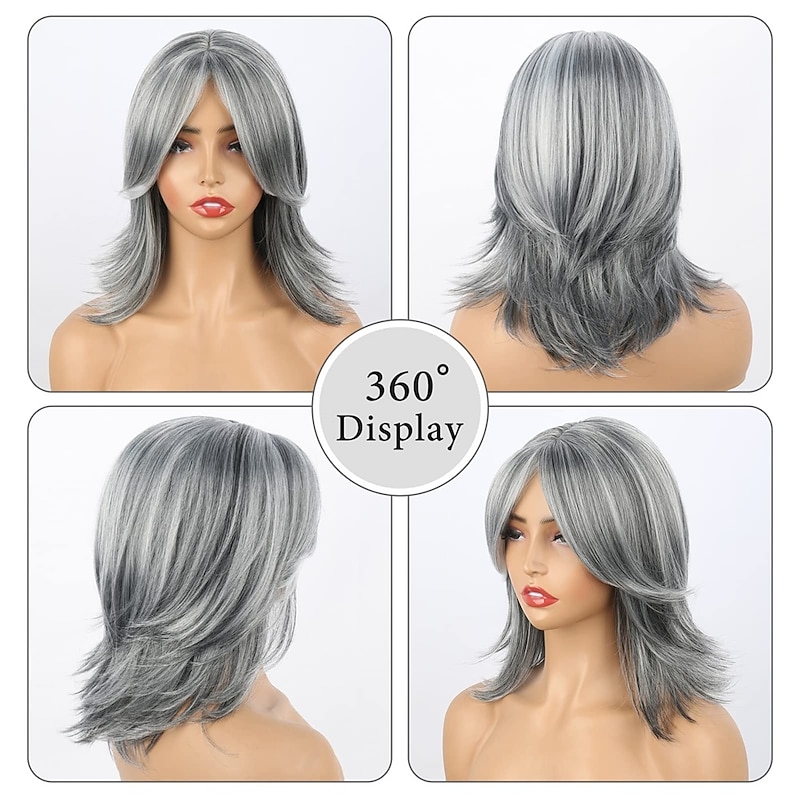 Silver Gray Ombre Layered Wigs with Curtain Bangs for Women Synthetic Short Light Grey Wig Layered Gray Wavy Bob Wig Highlight Grey Curly Bob Wig for Black Women Silver Grey Wig for Daily Use3