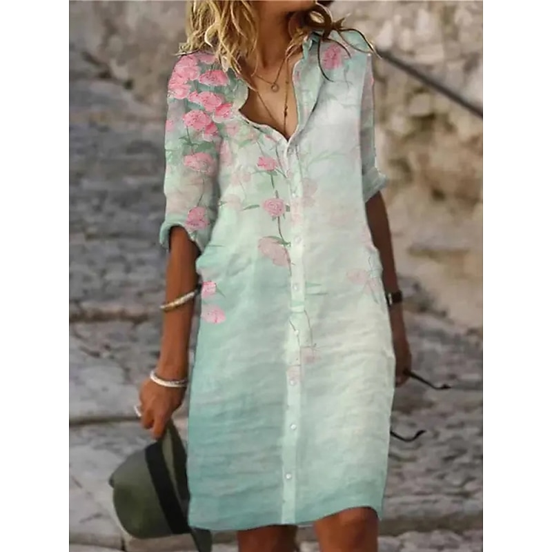 Women's Shirt Dress Casual Dress Shift Dress Midi Dress Outdoor Daily Vacation Fashion Modern Shirt Collar Button Print Half Sleeve Summer Spring Regular Fit Flower2