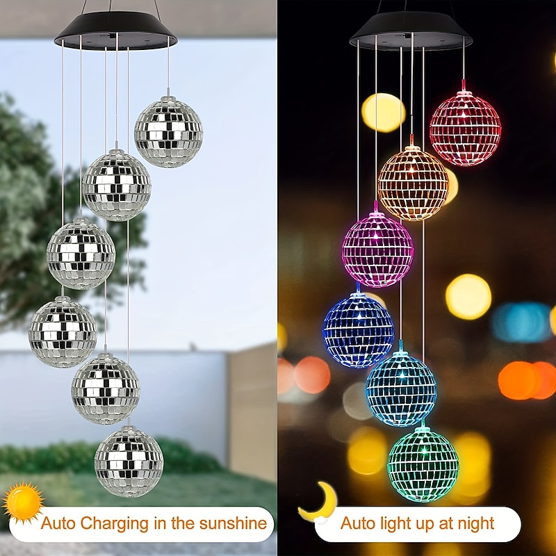 Solar Wind Chime Light Mosaic Ball Night Light 7-Color Changing Independence Day Flag for Outdoor Patio Garden Window Curtain Tree Decoration
