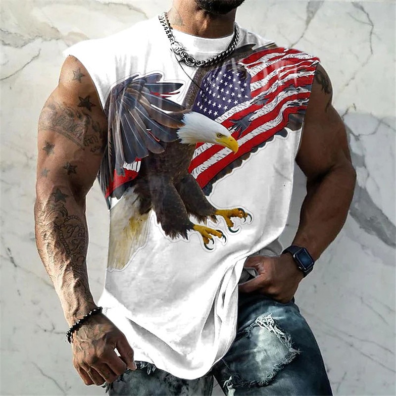 Veterans Day Men's Patriot Patriotic Veteran Graphic Color Block Eagle National Flag Vest Top Sleeveless T Shirt for Men Sleeveless Cap Sleeve T shirt 3D Print Crew Neck Shirt Fashion Designer