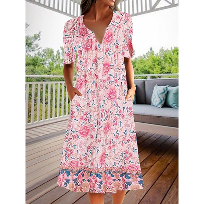 Women's Pink Dress Floral Graphic Print V Neck Midi Dress Classic Daily Vacation Short Sleeve Summer Spring3