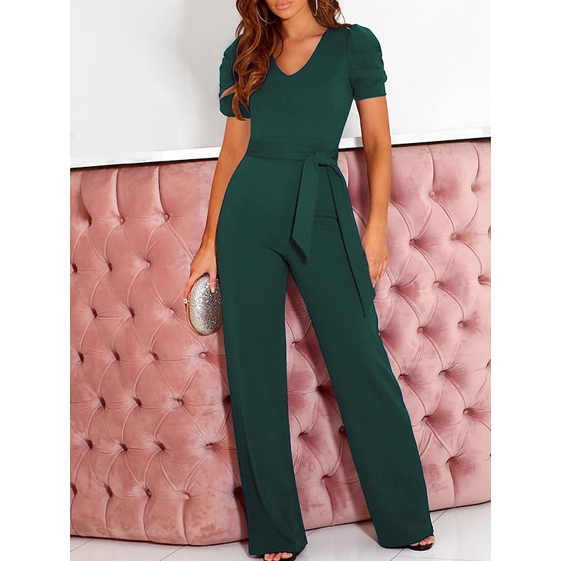 Women's Normal Jumpsuit Elegant Solid Color Short Sleeve V Neck Lace up High Waist Wedding Office Regular Fit Black Army Green Red Summer