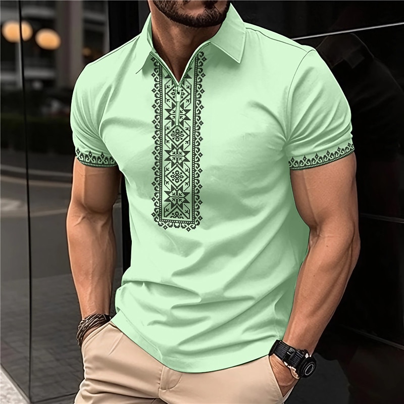 Men's Tribal Zip Polo Shirts Golf Shirt Short Sleeve Polo Shirts Collared Shirts Vintage Casual Vacation Wear Party Outfits 3D Print Quarter Zip Polo White Pink Blue3