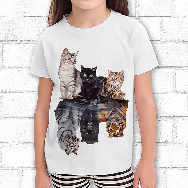 Girls' 3D Graphic Cat Dog T shirt Tee Short Sleeve 3D Print Summer Spring Active Fashion Cute 100% Cotton Kids 3-12 Years Outdoor Casual Daily Regular Fit