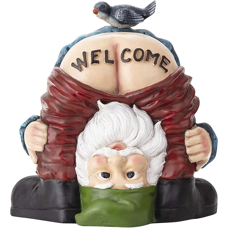 Funny Dwarf Sculpture - Gnome with A 'Welcome' Ass, Miniature Figurine Fairy Garden Accessories Dwarf Outdoor Garden Yard Art Decoration Home Cartoon Welcome Sign Resin Ornaments Spring Gifts3