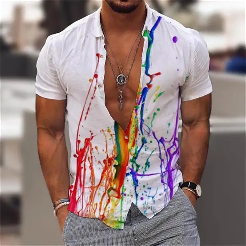 Men's Rainbow Geometric Pattern Pride Shirt Button Up Shirt Short Sleeve Fashion Streetwear Designer Outdoor Daily Going out Summer Spring Turndown Print White Green Rainbow